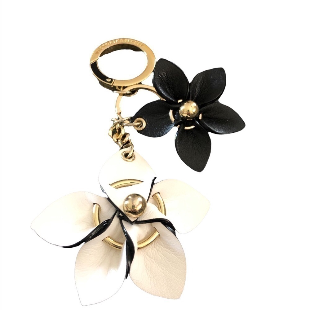 Victoria’s Secret Black White Faux Leather Vegan Floral Keychain Gold Clip